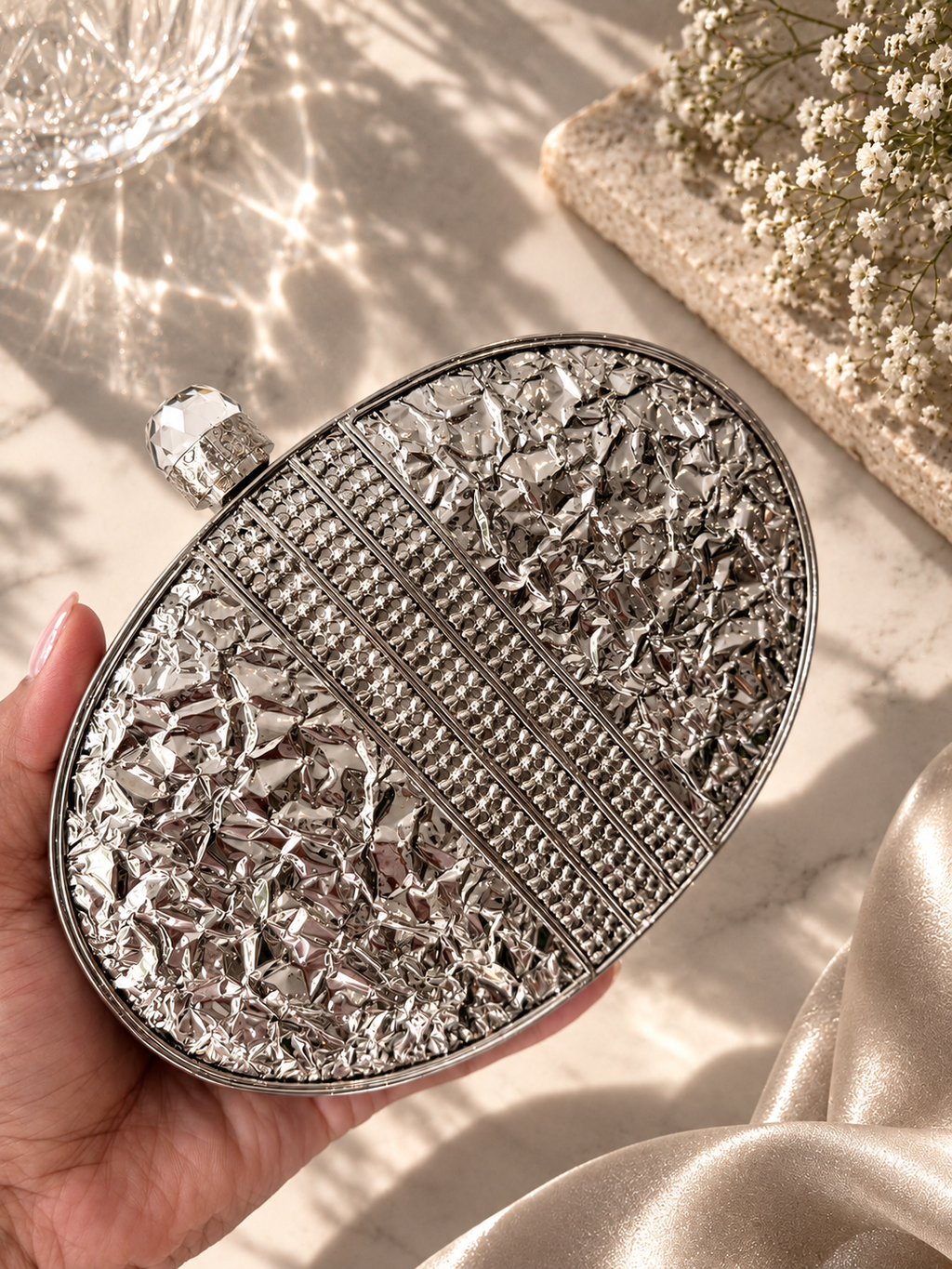 Vivian Silver Oval Clutch | Mother of Pearl Evening Bag (Copy)