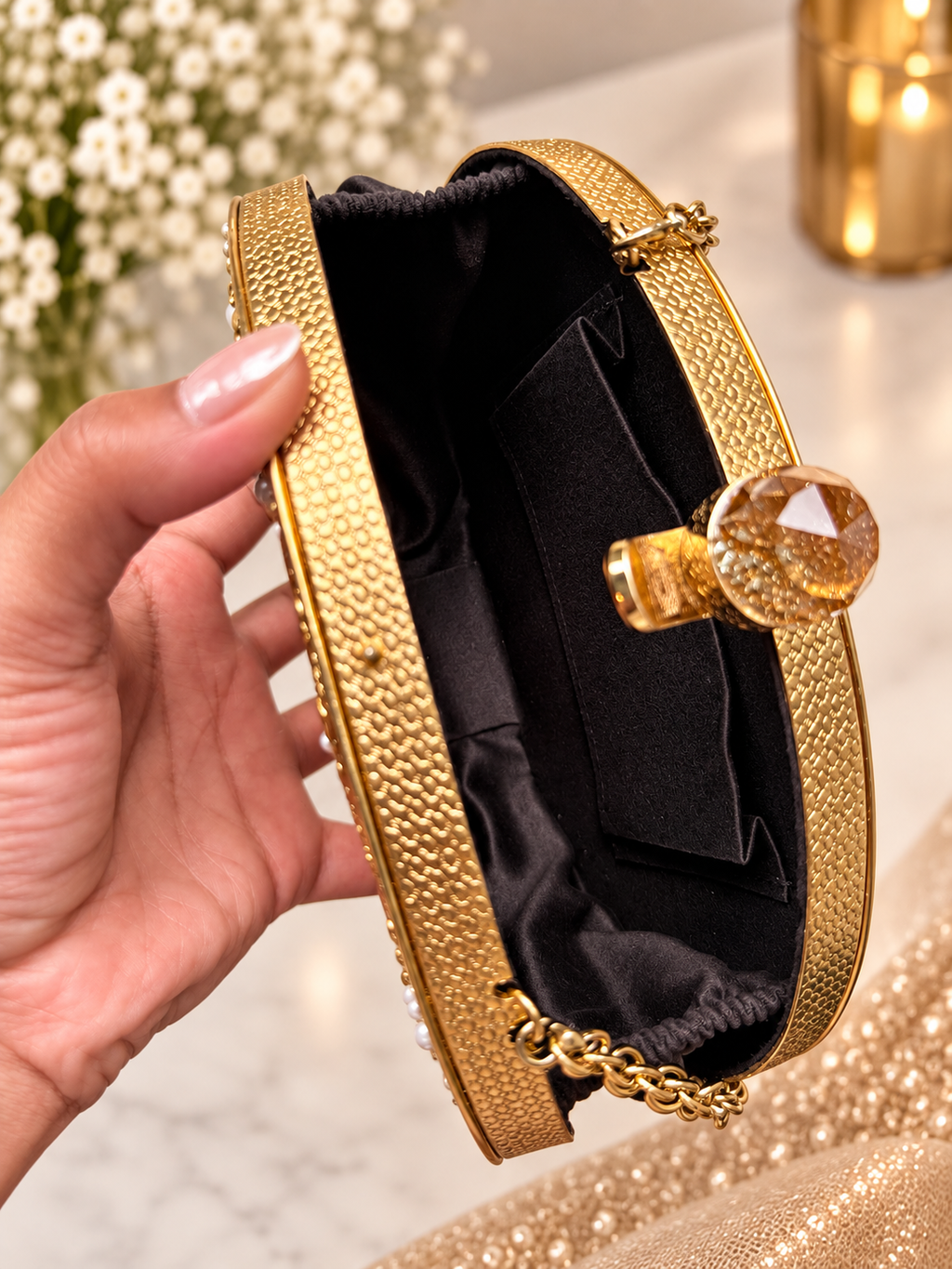 Vivian Gold Oval Clutch | Mother of Pearl Evening Bag