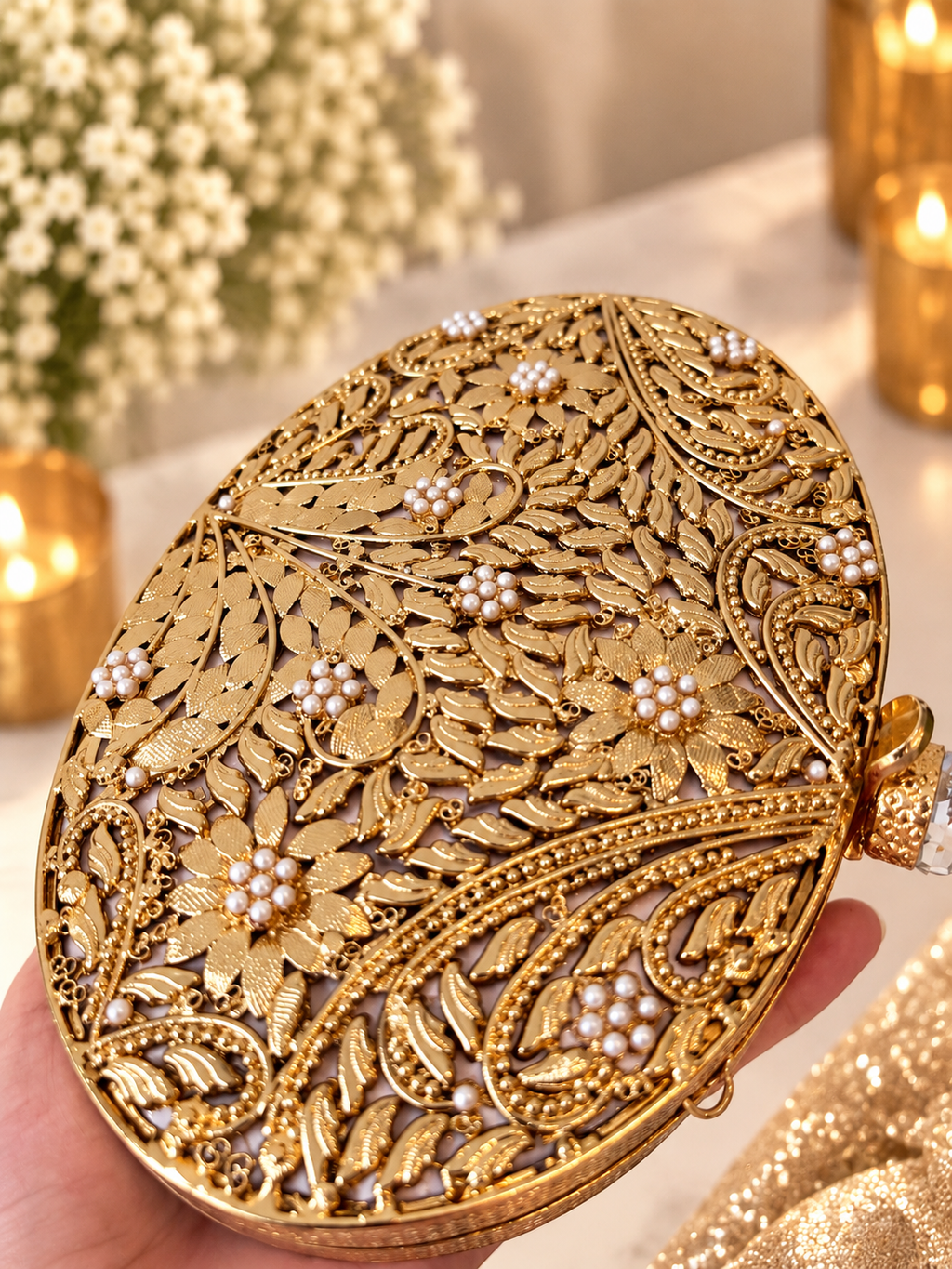 Vivian Gold Oval Clutch | Mother of Pearl Evening Bag