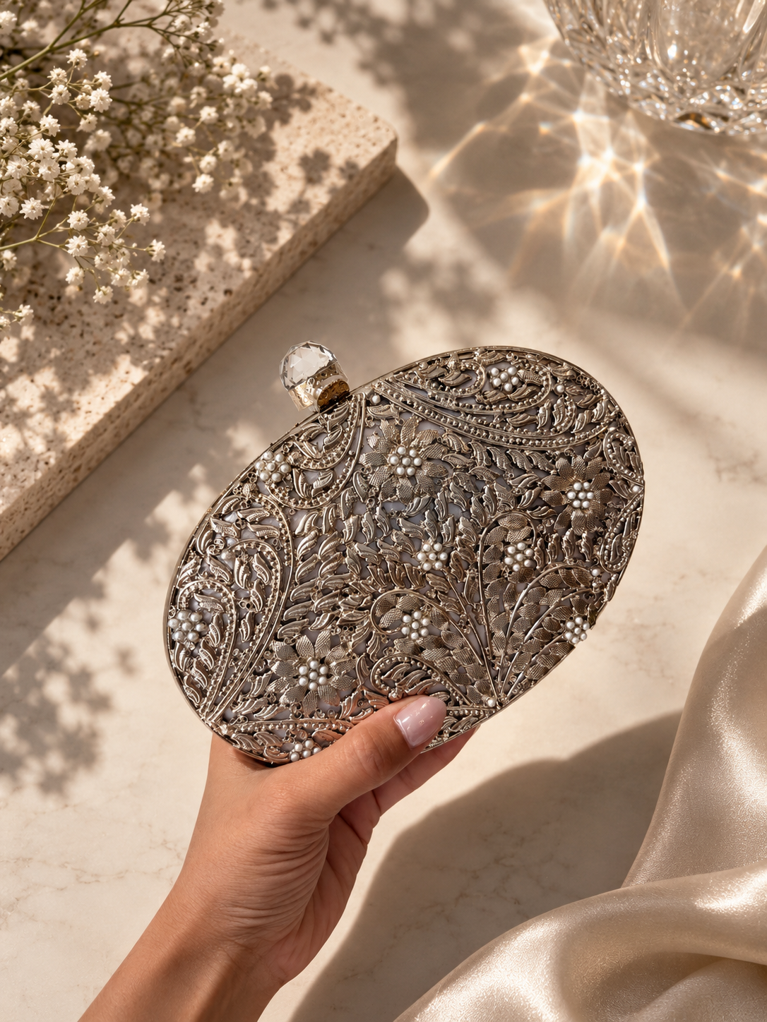 Vivian Silver Oval Clutch | Mother of Pearl Evening Bag (Copy)