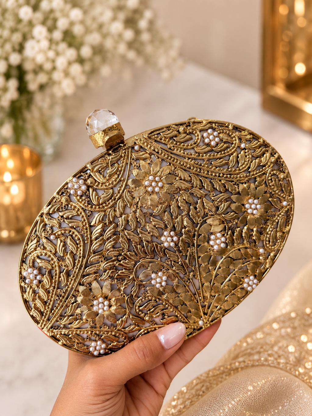 Vivian Gold Oval Clutch | Mother of Pearl Evening Bag