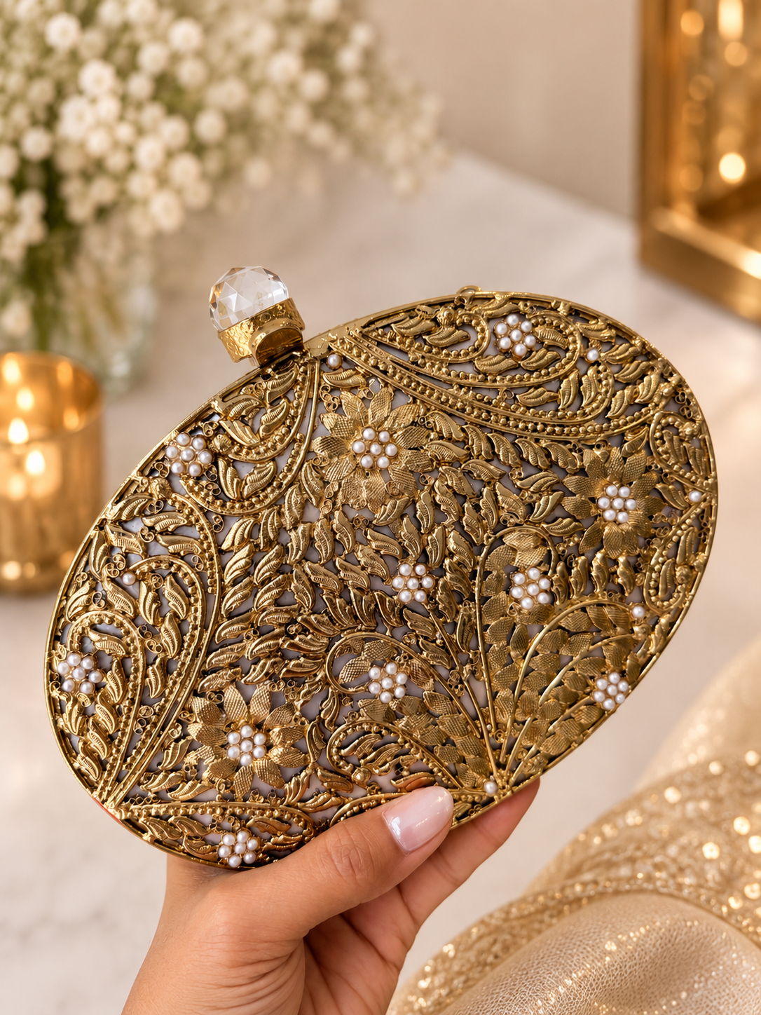 Vivian Gold Oval Clutch | Mother of Pearl Evening Bag