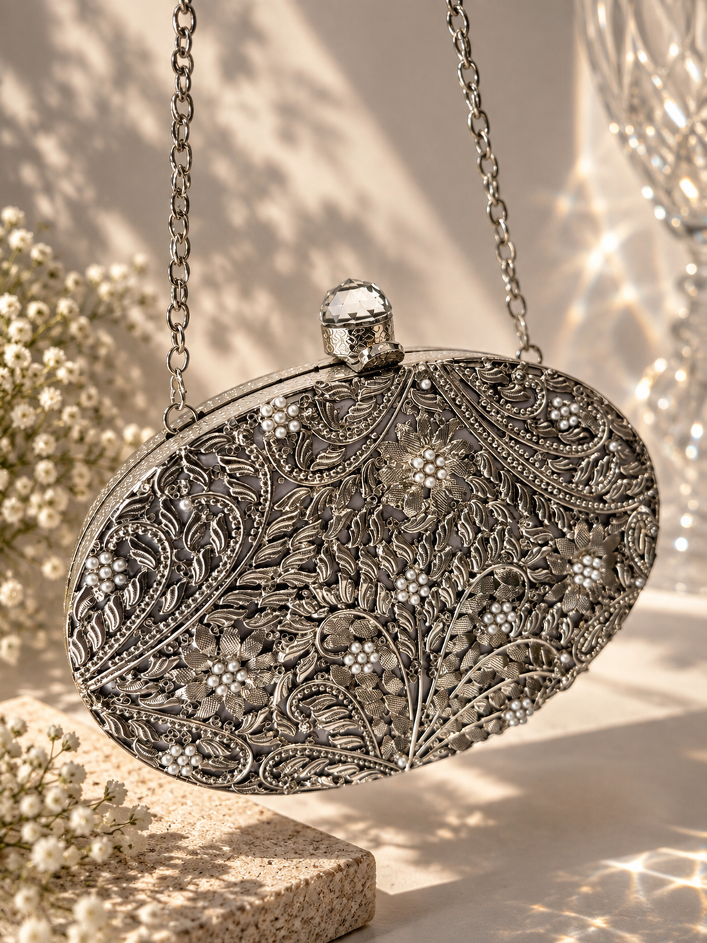 Vivian Silver Oval Clutch | Mother of Pearl Evening Bag (Copy)