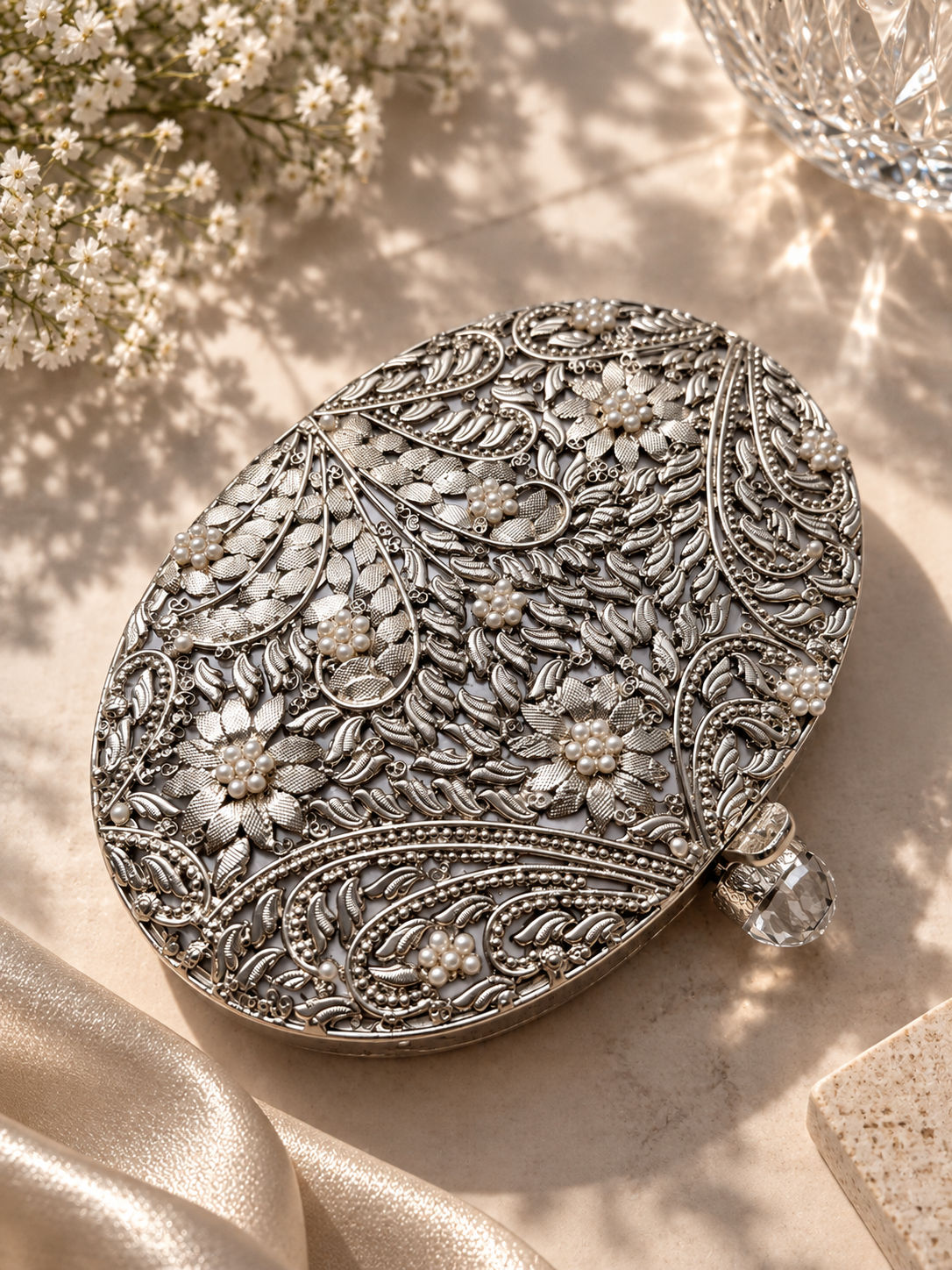 Vivian Silver Oval Clutch | Mother of Pearl Evening Bag (Copy)