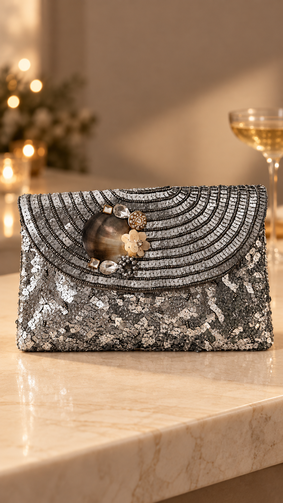 Elara Silver Sequin Flap Bag