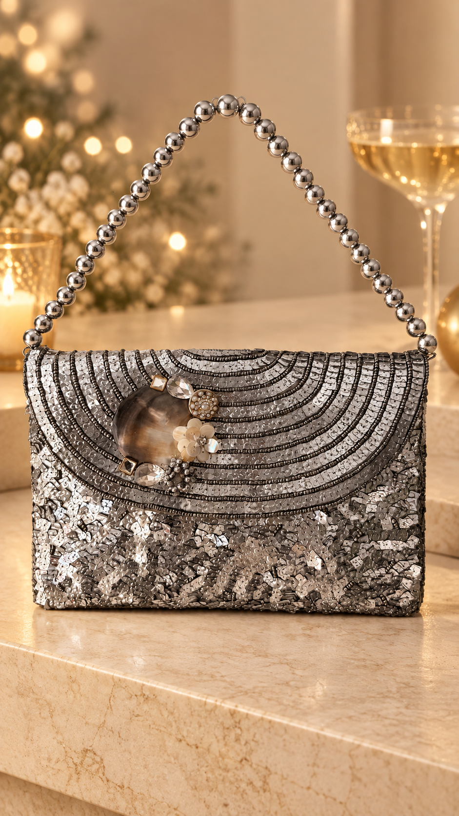 Elara Silver Sequin Flap Bag