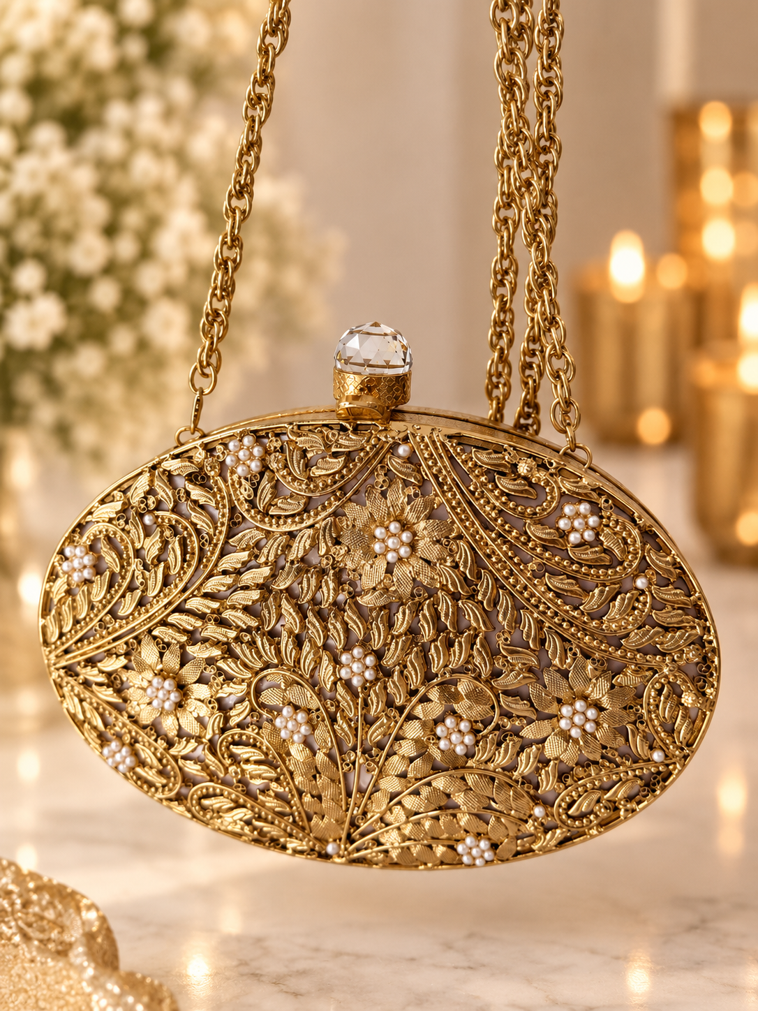 Vivian Gold Oval Clutch | Mother of Pearl Evening Bag