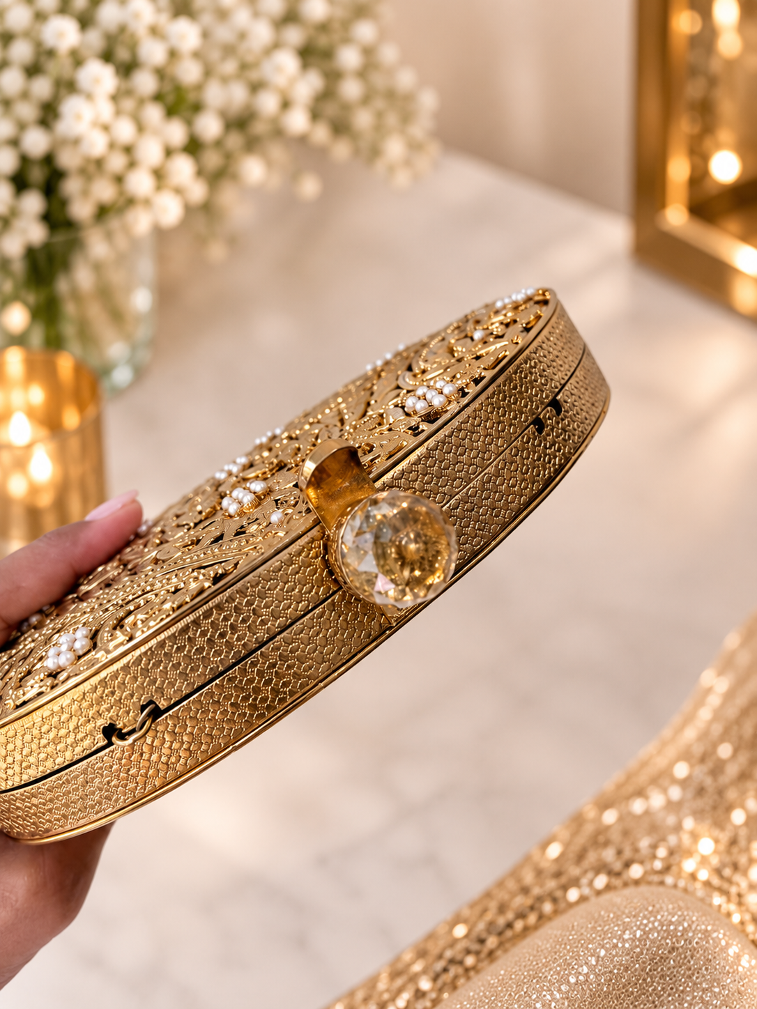 Vivian Gold Oval Clutch | Mother of Pearl Evening Bag