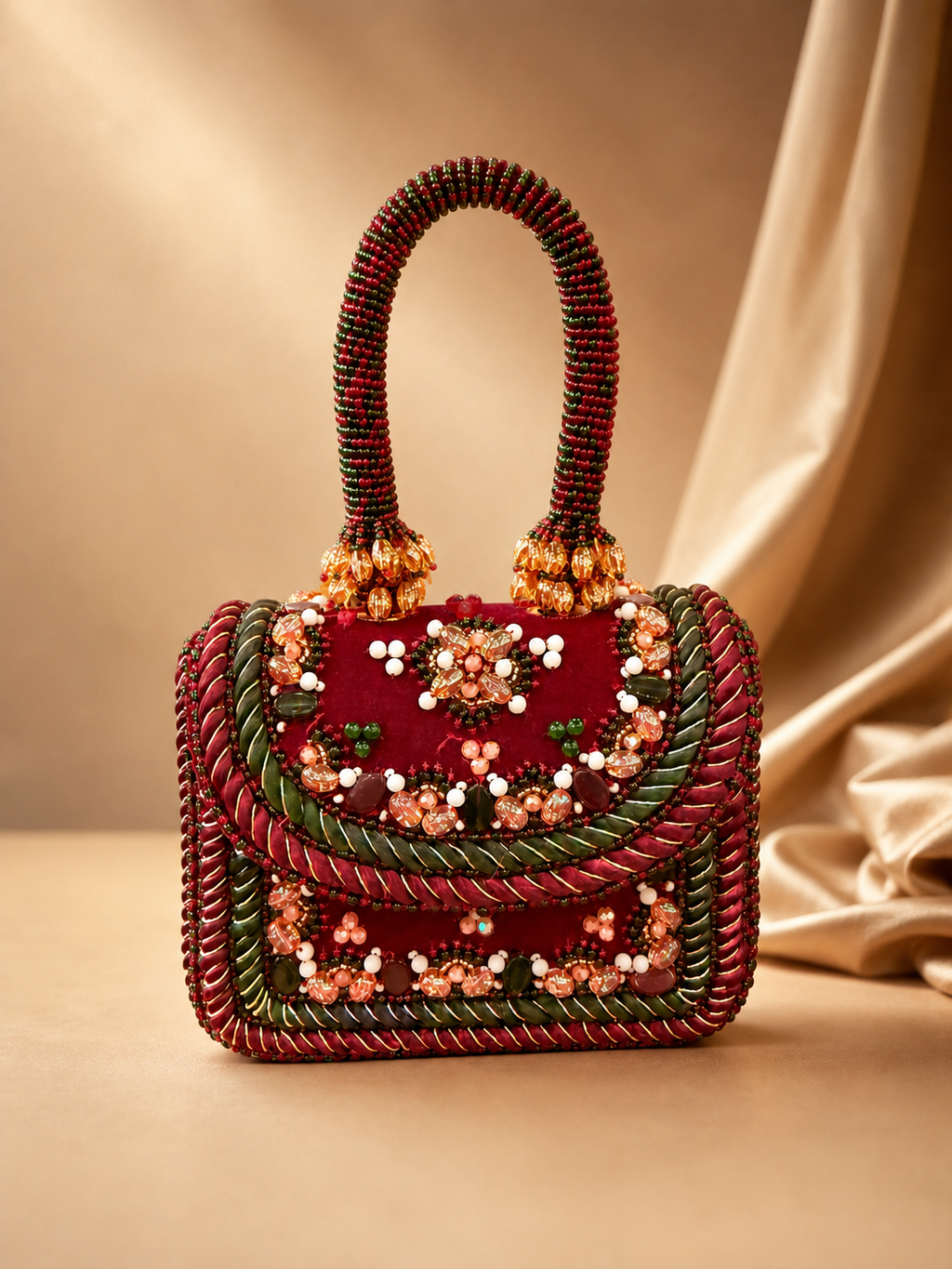 La Reine Rouge | Burgundy Velvet Clutch Bag | Hand-Beaded Floral Mini Handbag | Luxury Occasion Clutch