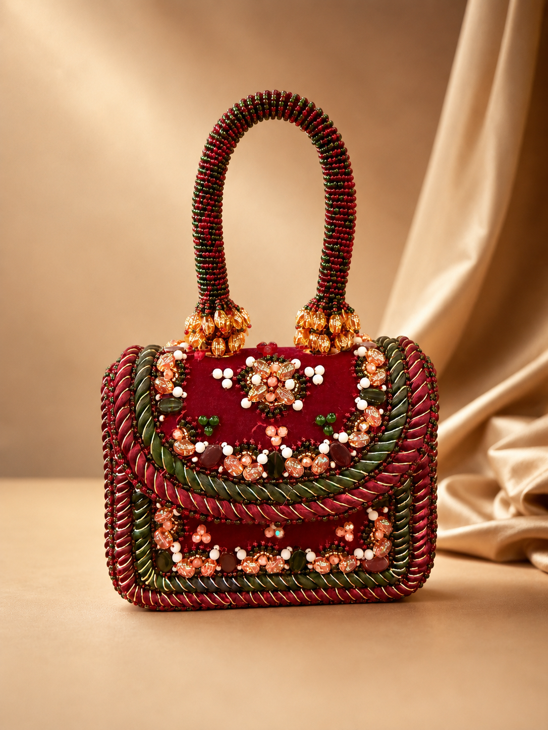 La Reine Rouge | Burgundy Velvet Clutch Bag | Hand-Beaded Floral Mini Handbag | Luxury Occasion Clutch