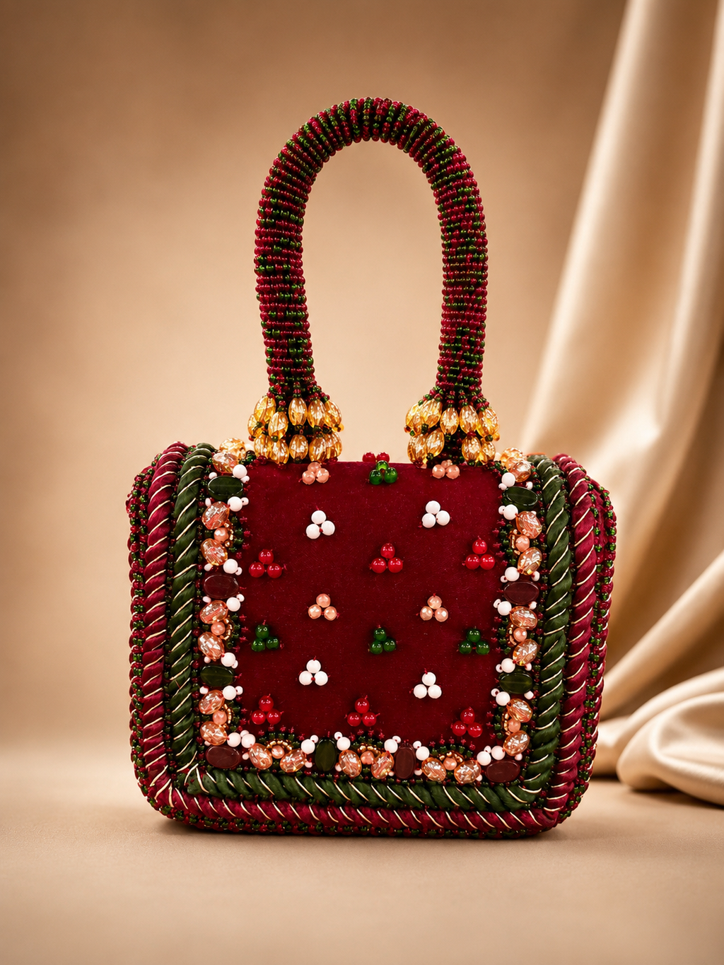 La Reine Rouge | Burgundy Velvet Clutch Bag | Hand-Beaded Floral Mini Handbag | Luxury Occasion Clutch
