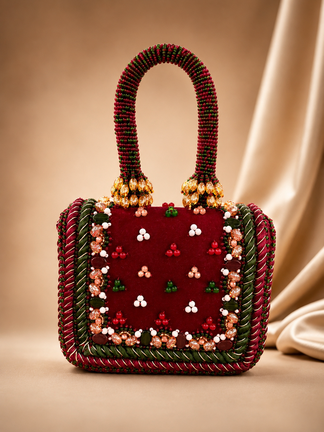 La Reine Rouge | Burgundy Velvet Clutch Bag | Hand-Beaded Floral Mini Handbag | Luxury Occasion Clutch