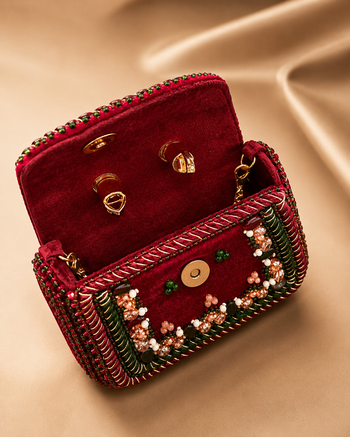 La Reine Rouge | Burgundy Velvet Clutch Bag | Hand-Beaded Floral Mini Handbag | Luxury Occasion Clutch